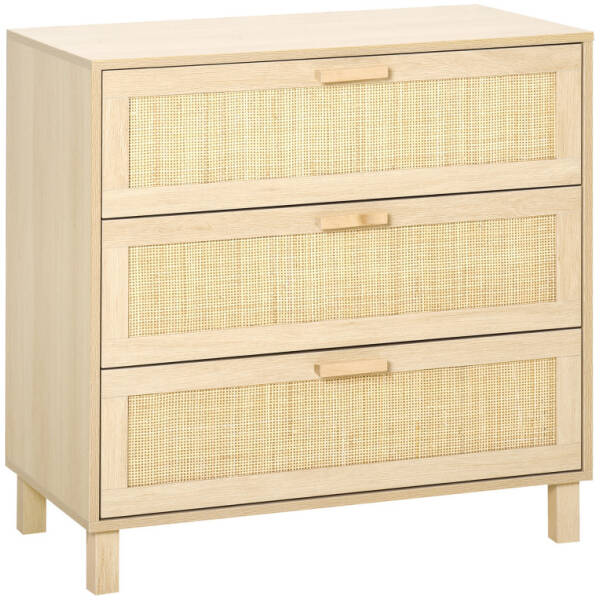 Kommode, sideboard med 3 skuffer, rattan-dekoration, 80 x 40 x 80 cm, træ