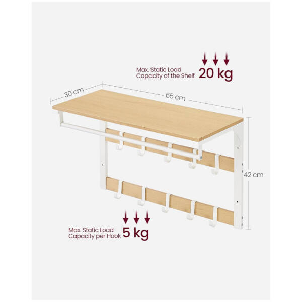 hatthylla med dubbel kladhangare och kladstang industriell vit ek 65 x 30 x 42 cm 5