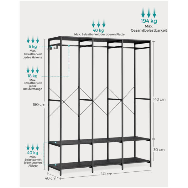 oppen garderob kladstallning svart 141 x 40 x 180 cm 5