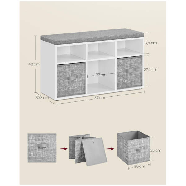 sittbank med skohyllor 6 fack 3 tyglador vit gra 2